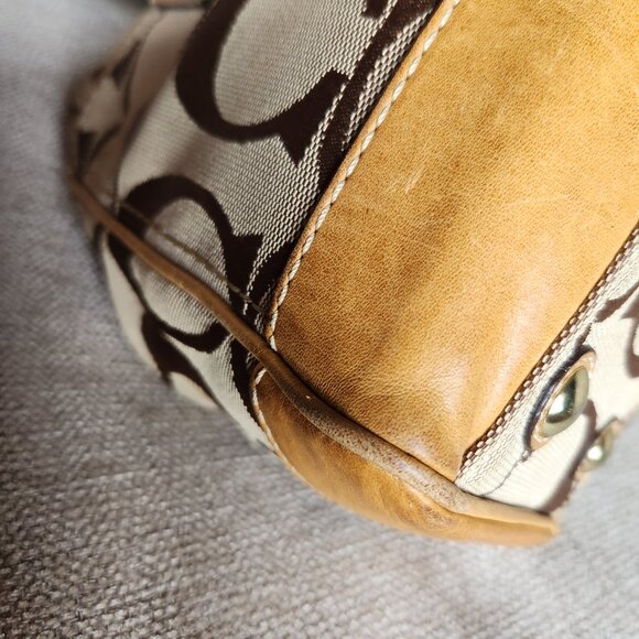 COACH Madeline top handle shoulder satchel khaki signature C and camel leather - Picture 7 of 15